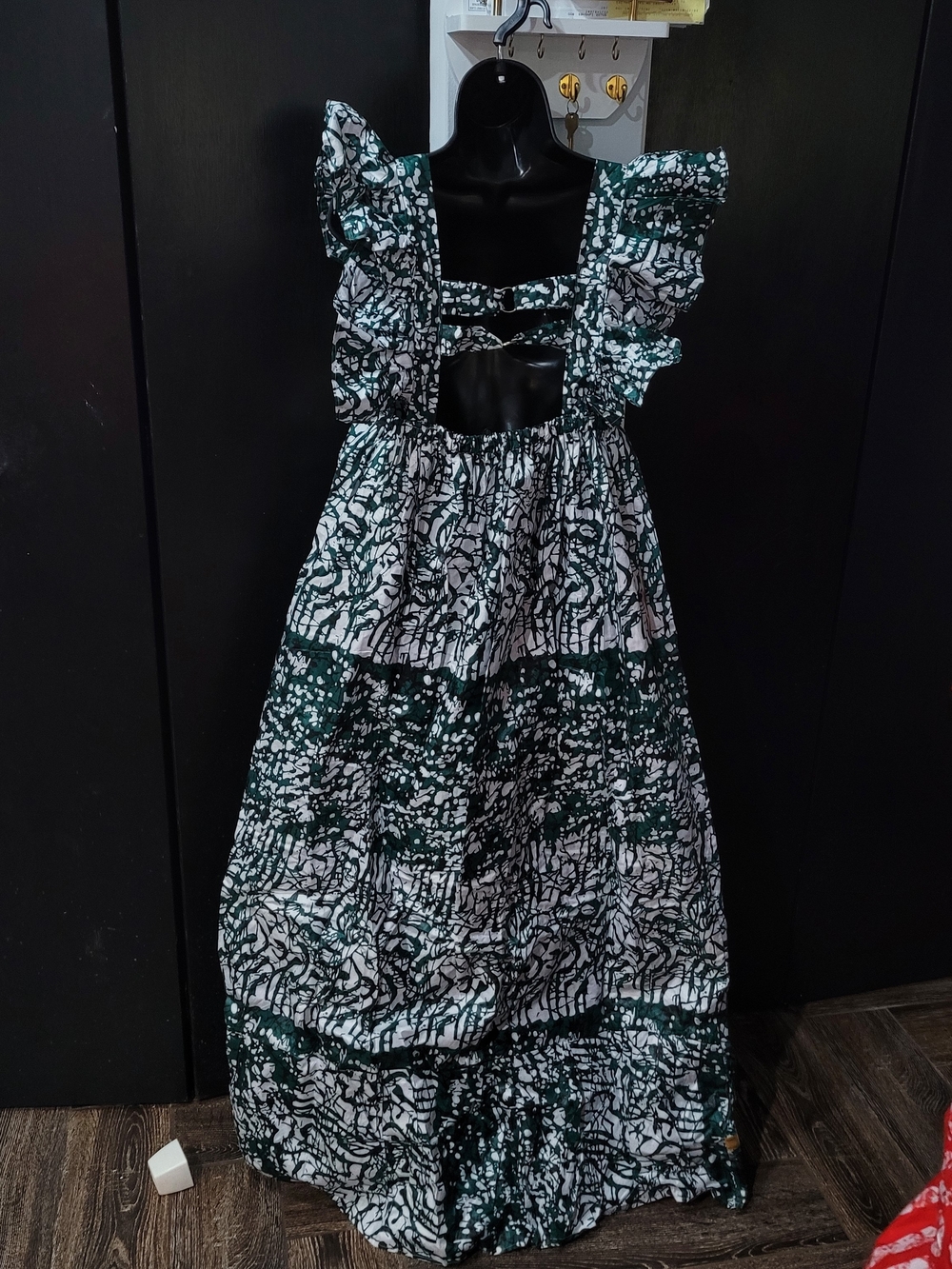 Green & White Printed Ruffle Maxi Dress